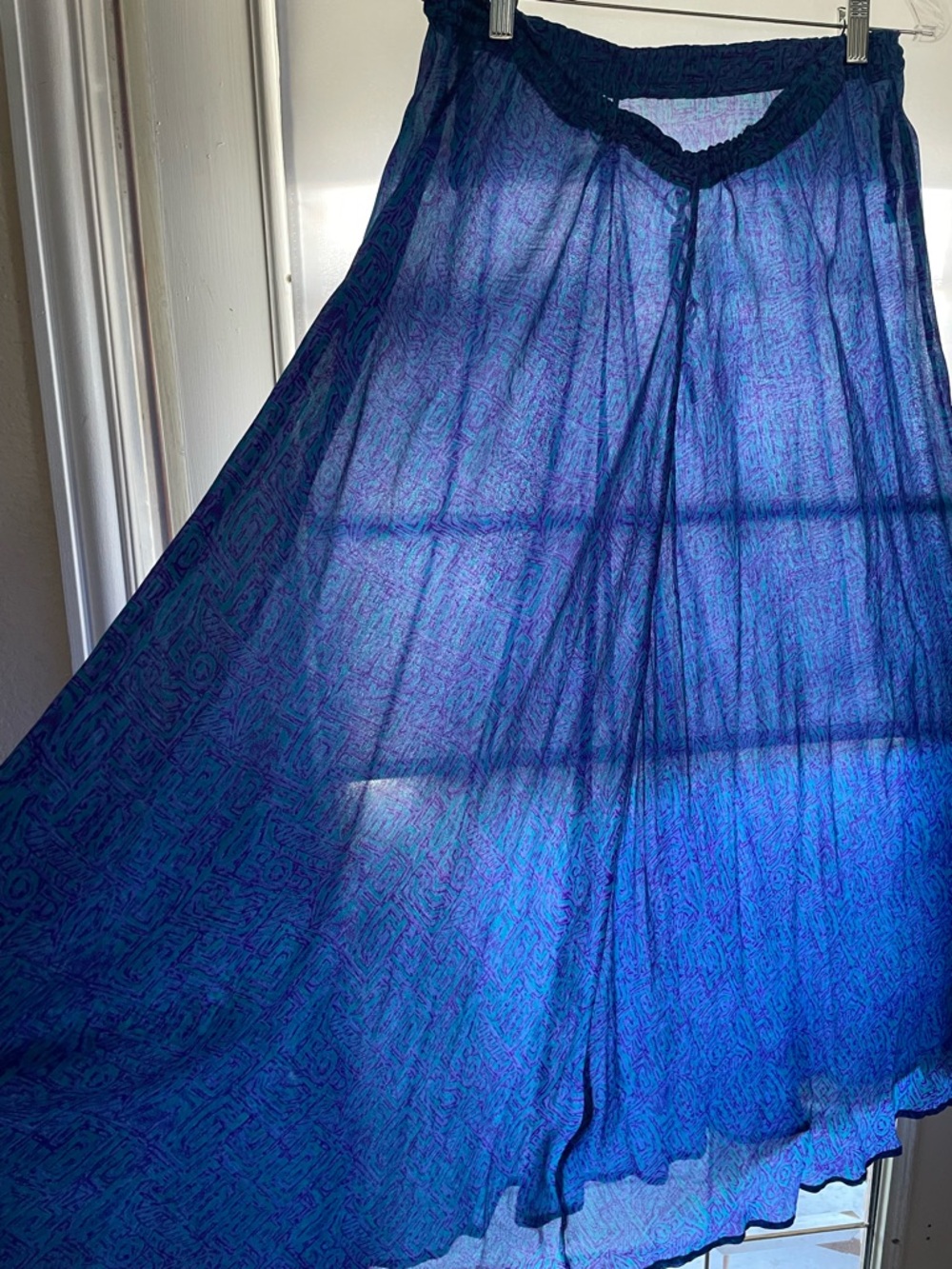 Vintage Silk A-Line Skirt in Deep Blue and Purple print Size L